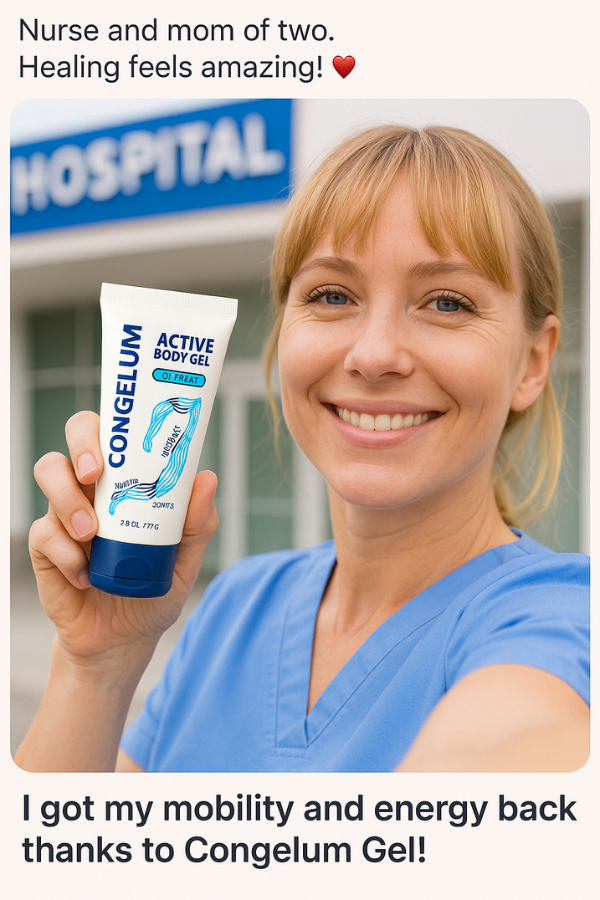 Isabelle holding Congelum Gel bottle and smiling, testimonial image