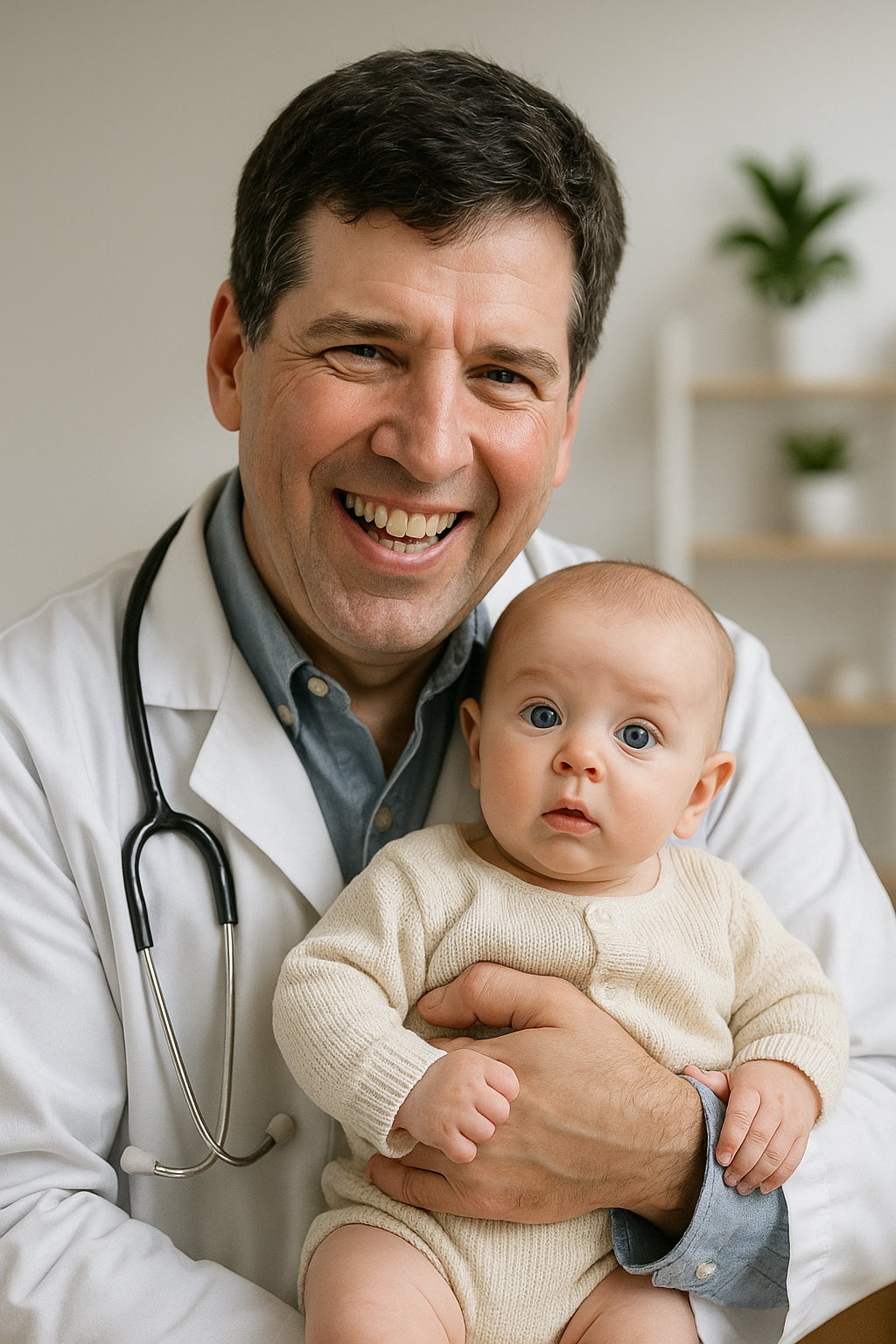 Dr. Alexander Gagaloudis holding his newborn granddaughter with pride.