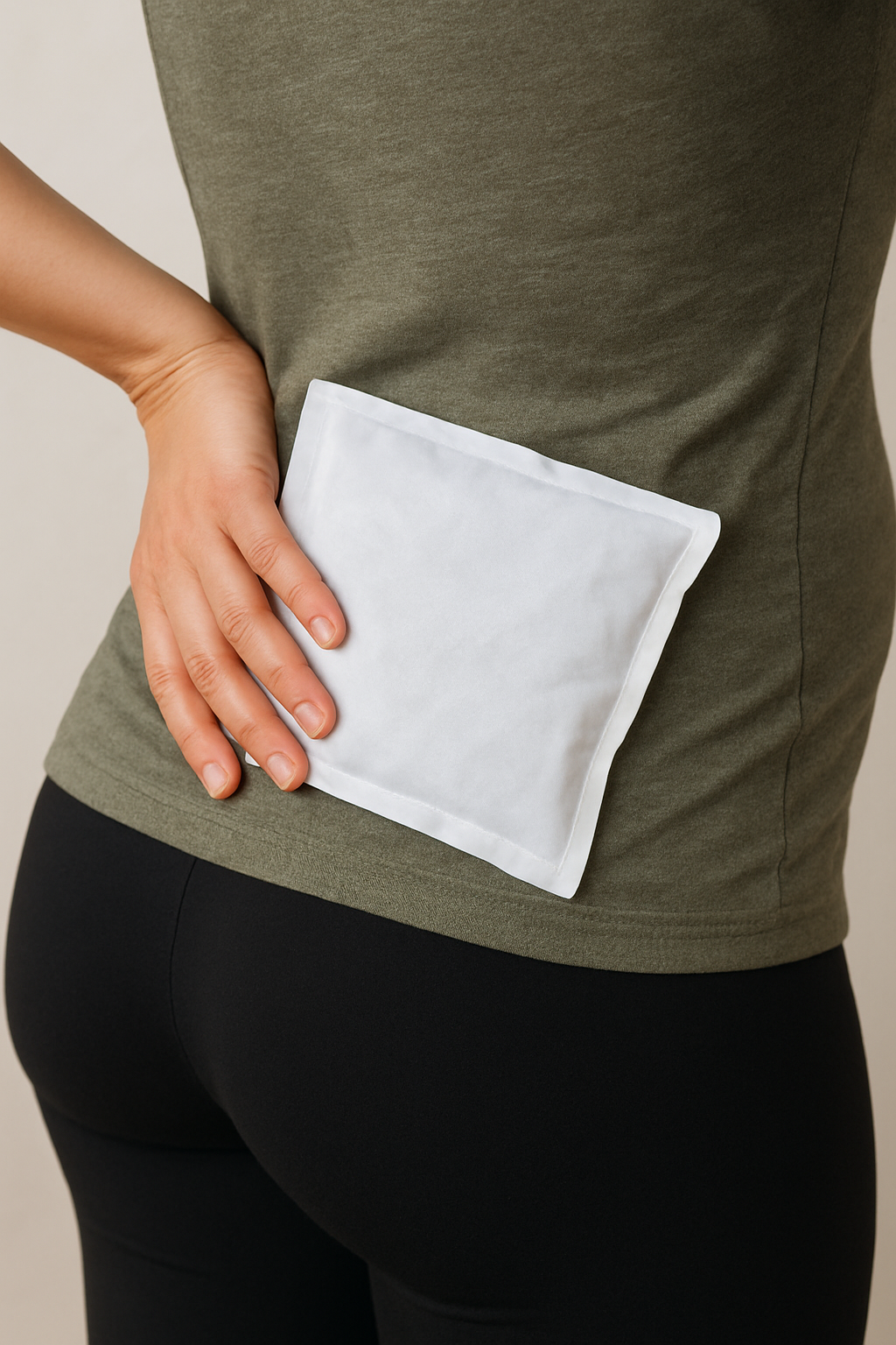 Pregnant woman applying a hot or cold compress to the hip area